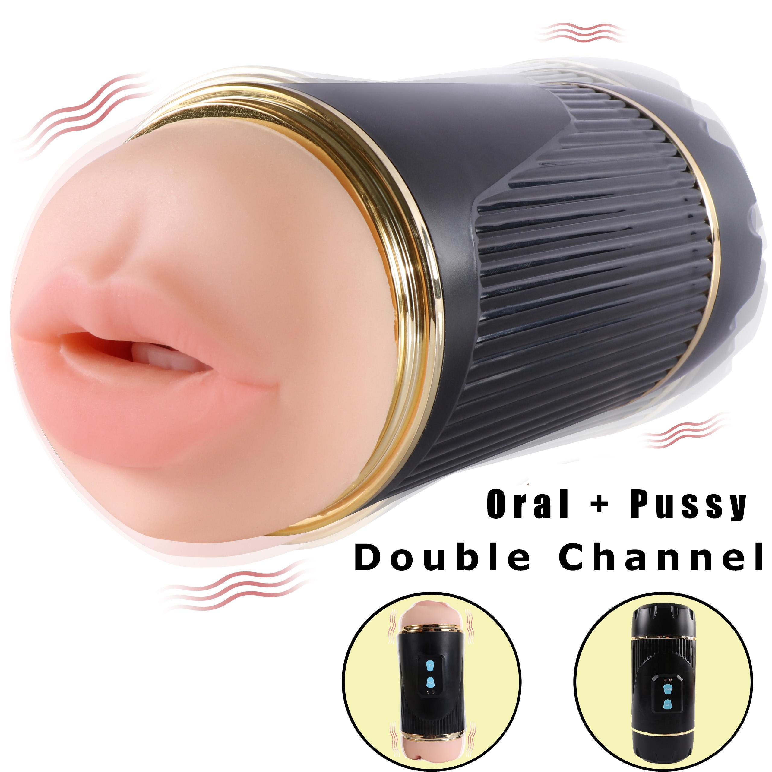 Oral Sex Vagina Sex Double Channel Masturbator Cup with Simulated Tongue and Teeth